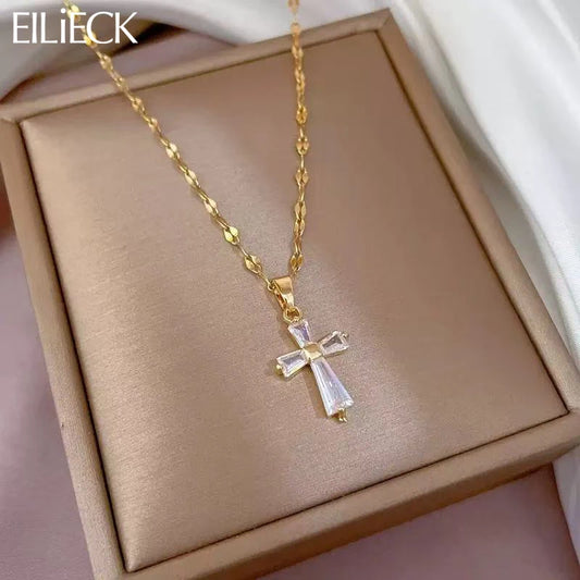 EILIECK 316L Stainless Steel Delicate Shiny Cubic Zirconia Cross Pendant Necklace for Women High Quality Jewelry Water Resistant