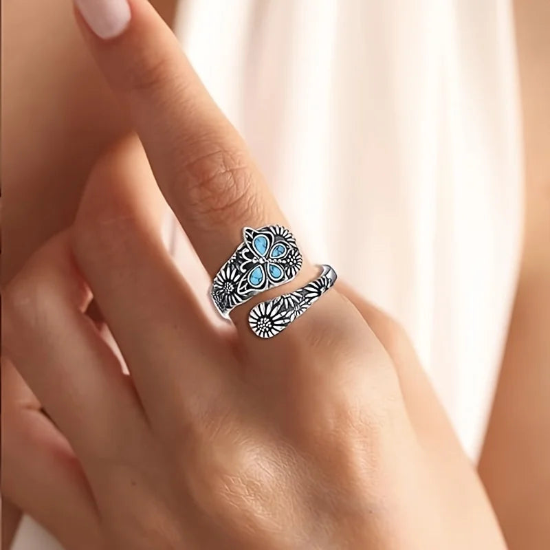 Vintage Bohemian Faux Turquoise Ring Fashion Butterfly Skeleton Ring Fashionable Temperament Ethnic Style Women's Jewelry