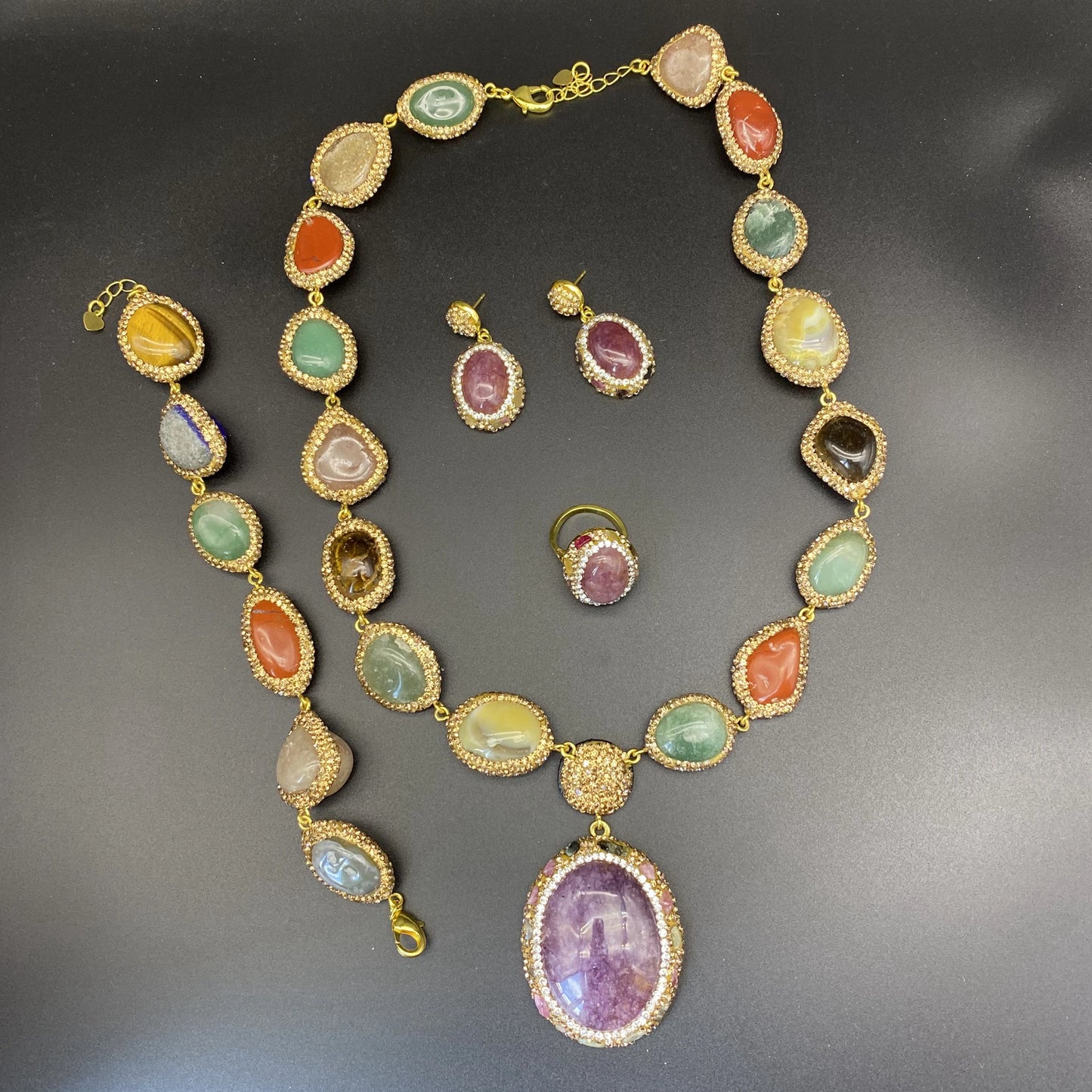 Colorful Multi Crystal Stone Jewelry Sets Natural Amethyst Tiger's Eyes Quartz Inlaid Rhinestone Beaded Necklace Earring