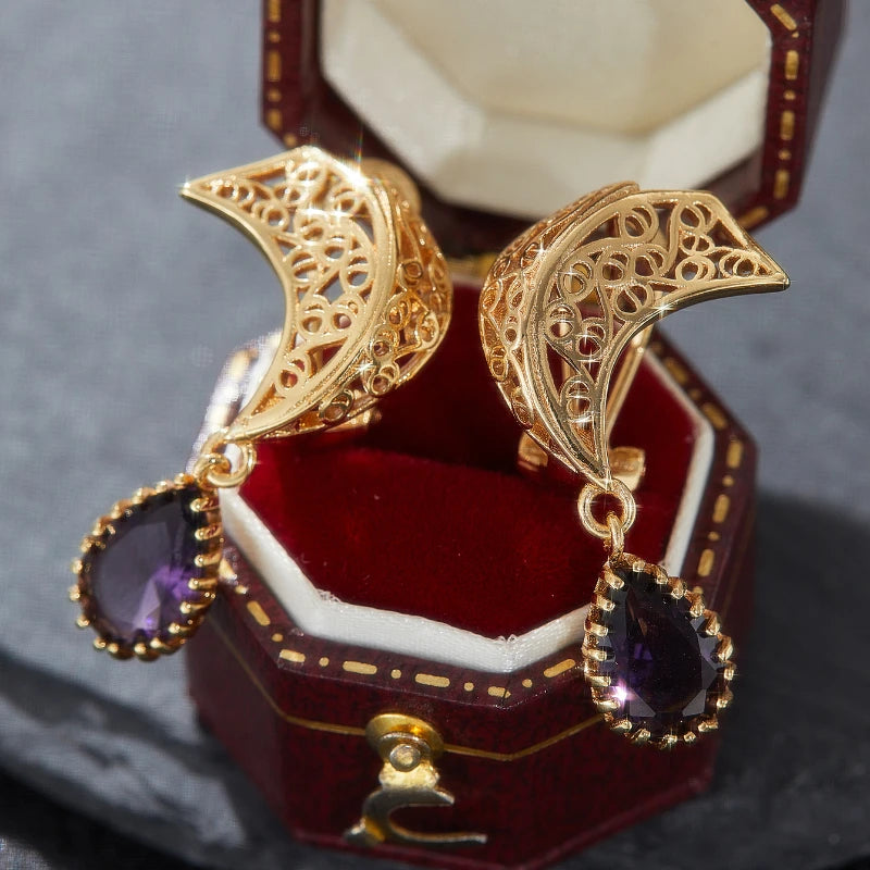 Luxury Female Purple Cubic Zirconia Earring Gold Color Earrings for Women Charm Geometric Wedding Party Jewelry Accessories