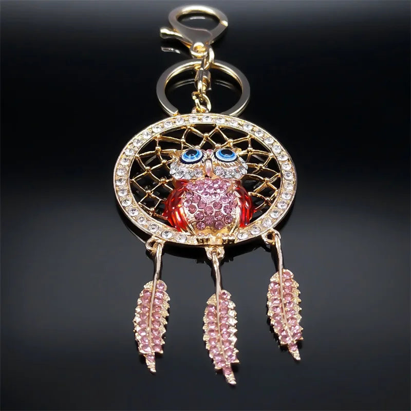 Shinny Crystal Owl Dreamcatcher Feather Keychain for Women Alloy Rhinestone Dream Catcher Animal Key Ring Bag Jewelry K9034S05
