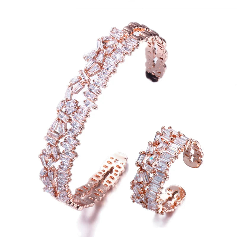ThreeGrace Fashion Sparkling Cubic Zirconia Adjustable Size Bangle Ring Set for Women New Trendy Wedding Party Jewelry JS538