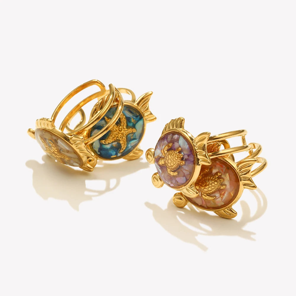 E.B.belle New Design Summer Women Cute Colorful Turtle Open Ring PVD Plated Stainless Steel Unique Holiday Party Jewelry