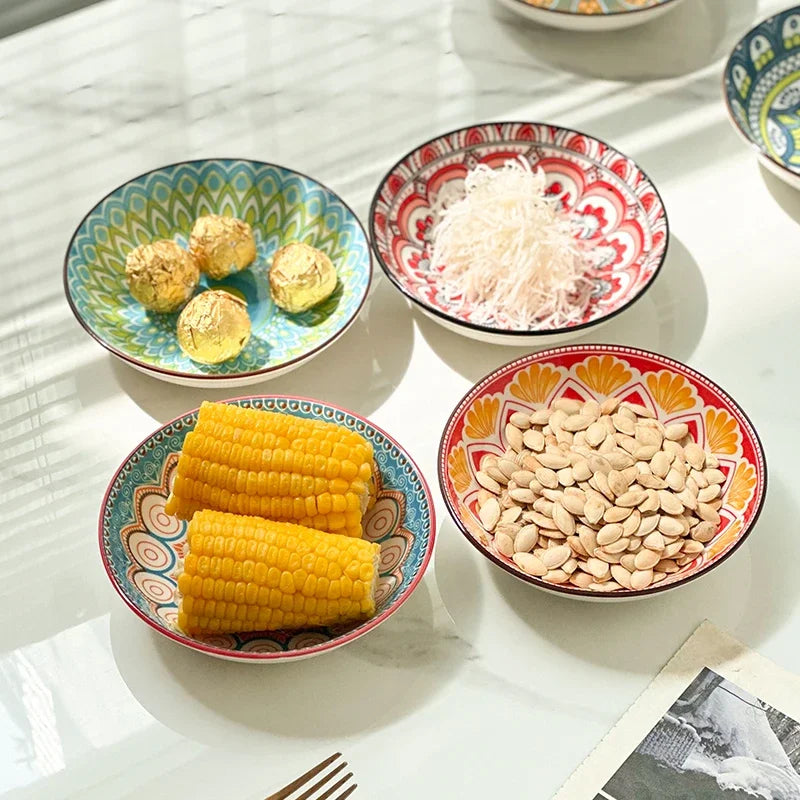6-Piece Bohemian Ceramic Plates 5.7 Inch - Creative for Breakfast/Salad/Pasta/Dessert/Appetizer, Microwave/Oven/Dishwasher Safe