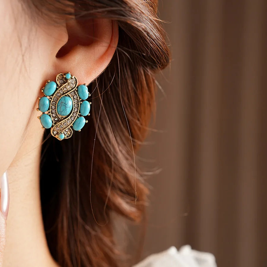 1/2 Pcs Vintage Cross Blue Oval Pendant Neckalces Women Mediaeval High-End Dangle Earrings Statement Banquet Jewelry Sets N