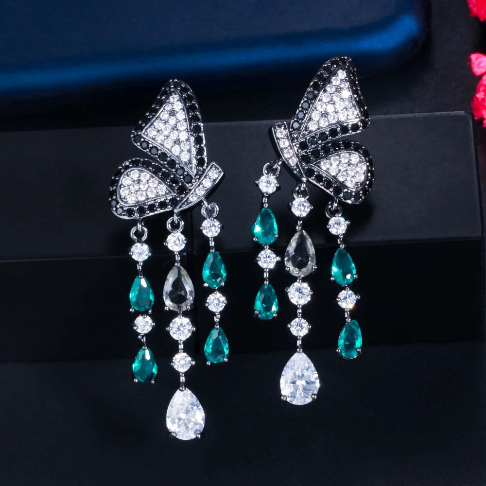 ThreeGraces Elegant Black Cubic Zirconia Butterfly Shape Long Dangle Tassel Earrings for Women New Fashion Party Jewelry E1281