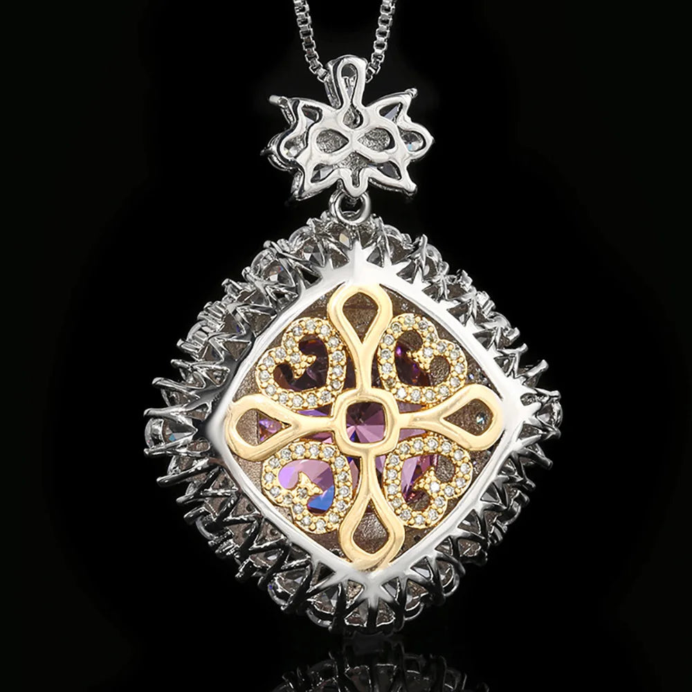 Trend Retro 16*16mm Sapphire Pink Quartz Big Pendant Necklace for Women Gemstone Cocktail Party Fine Jewelry Accessories Gift
