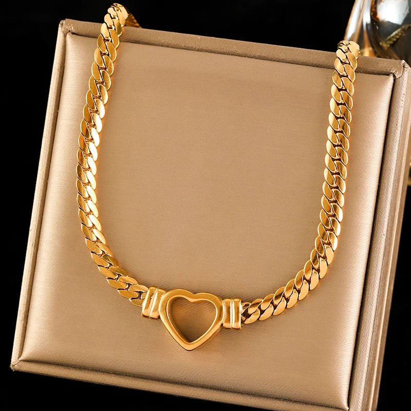 EILIECK 316L Stainless Steel Metal Hollow Heart Necklace Bracelets Set For Women Trendy Waterproof Gold Color Chain Jewelry Gift