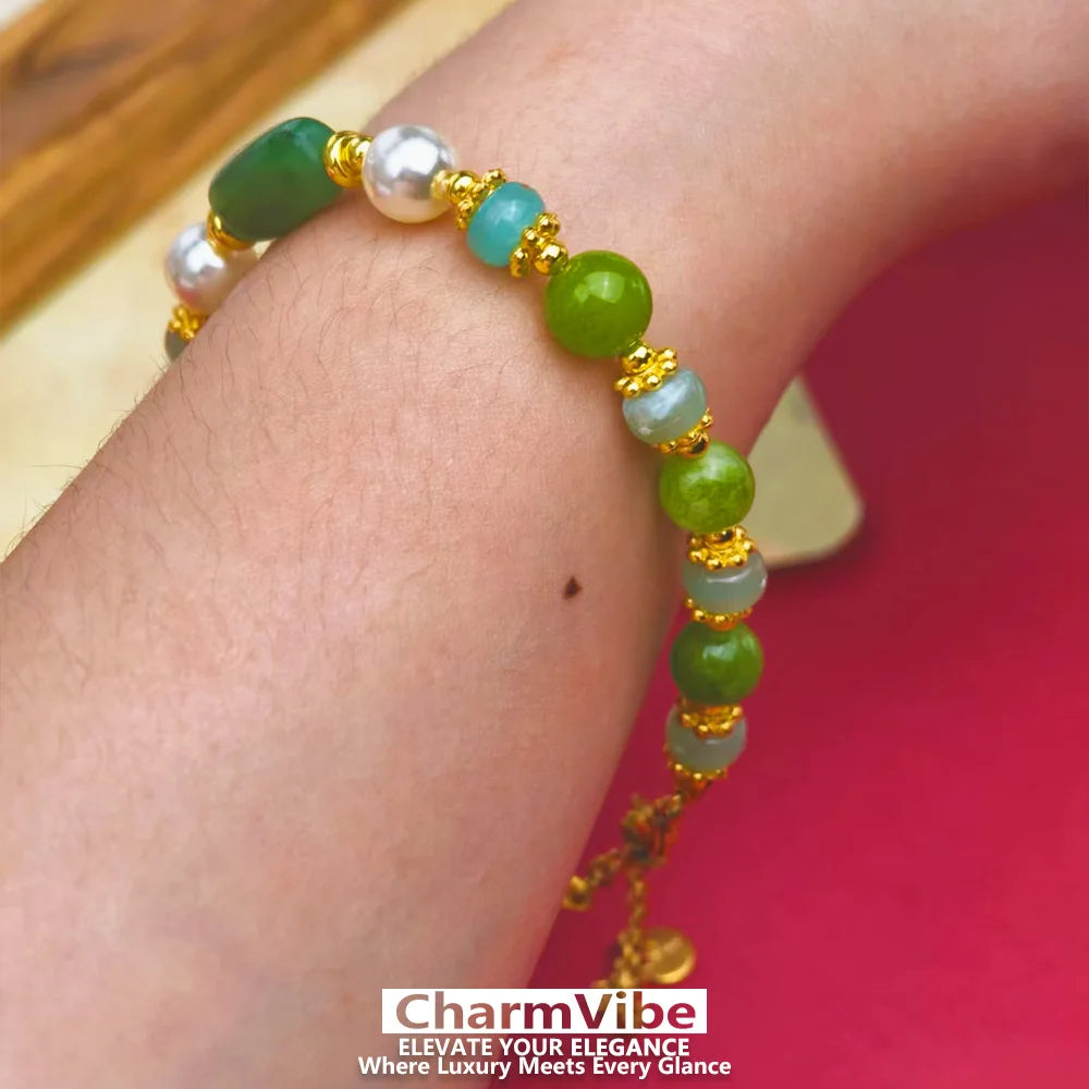 Natural Green stone Bracelet for Women Golden Pearl Adjustable Lobster Clasp Bracelet Boho Wedding Party Jewelry Gift