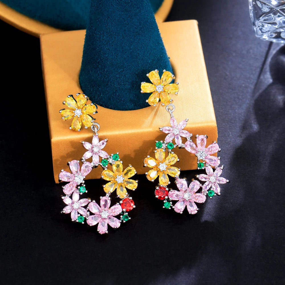 ThreeGraces Pink Yellow Cubic Zirconia Stone Cluster Flower Shaped Long Dangle Earrings for Women Evening Party Jewelry E2112