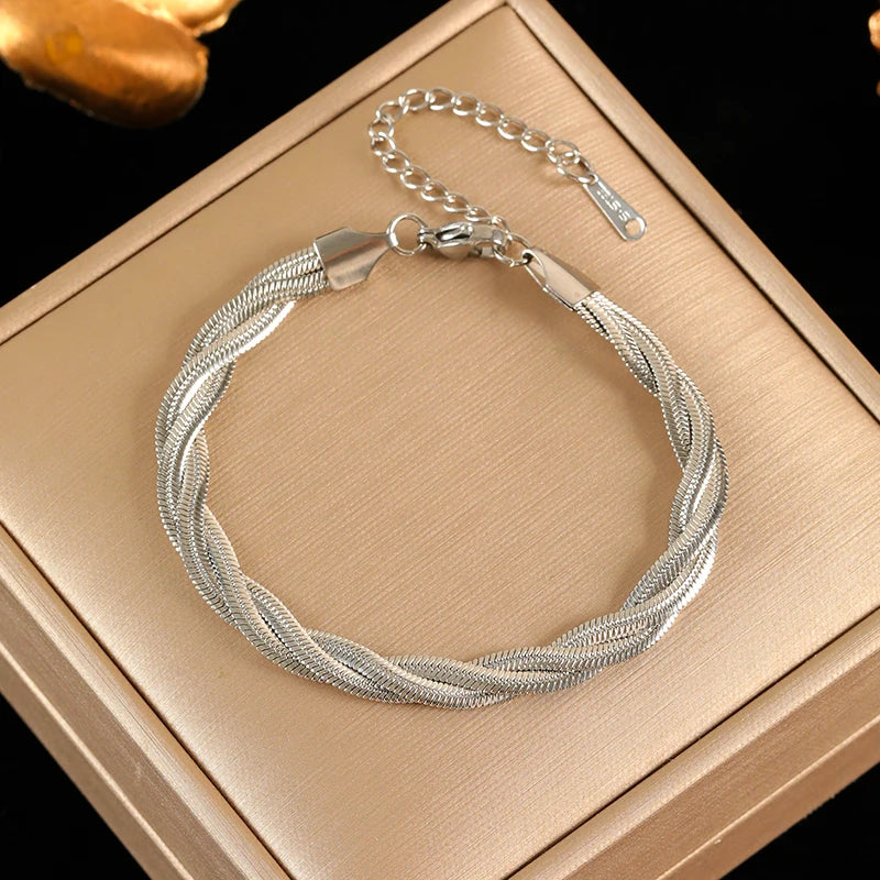 EILIECK 316L Stainless Steel Metal Cross Woven Chain Necklace Bracelet Set For Women Fashion Statement Waterproof Jewelry Gift