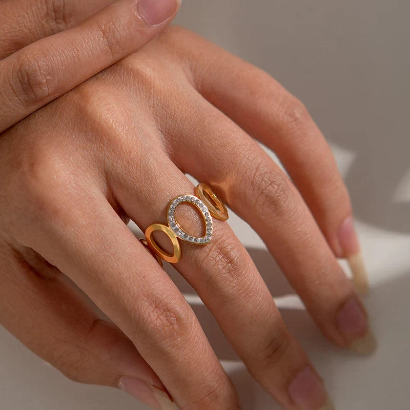 ANENJERY 316L Stainless Steel Turquoise Zircon Hollow Open Multi Layered Ring for Women Vintage Niche Jewelry Gifts Wholesale