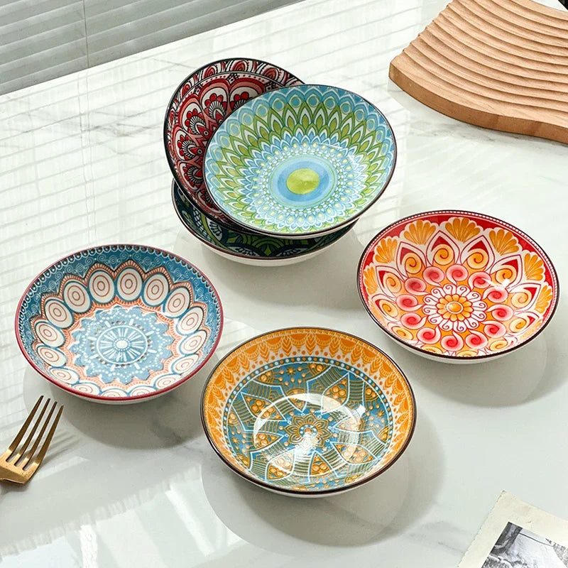 6-Piece Bohemian Ceramic Plates 5.7 Inch - Creative for Breakfast/Salad/Pasta/Dessert/Appetizer, Microwave/Oven/Dishwasher Safe