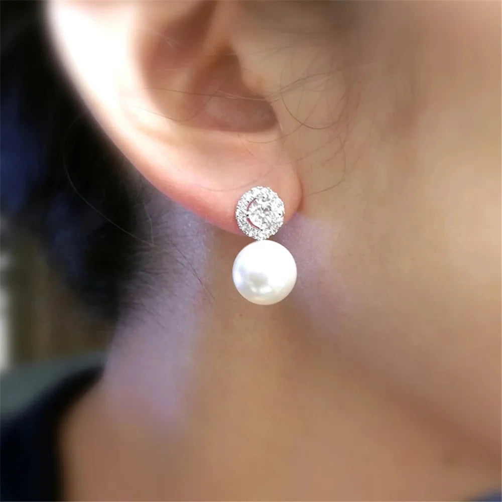Cute Female Stone White Zircon Pearl Stud Earrings Silver Color Wedding Jewelry For Women