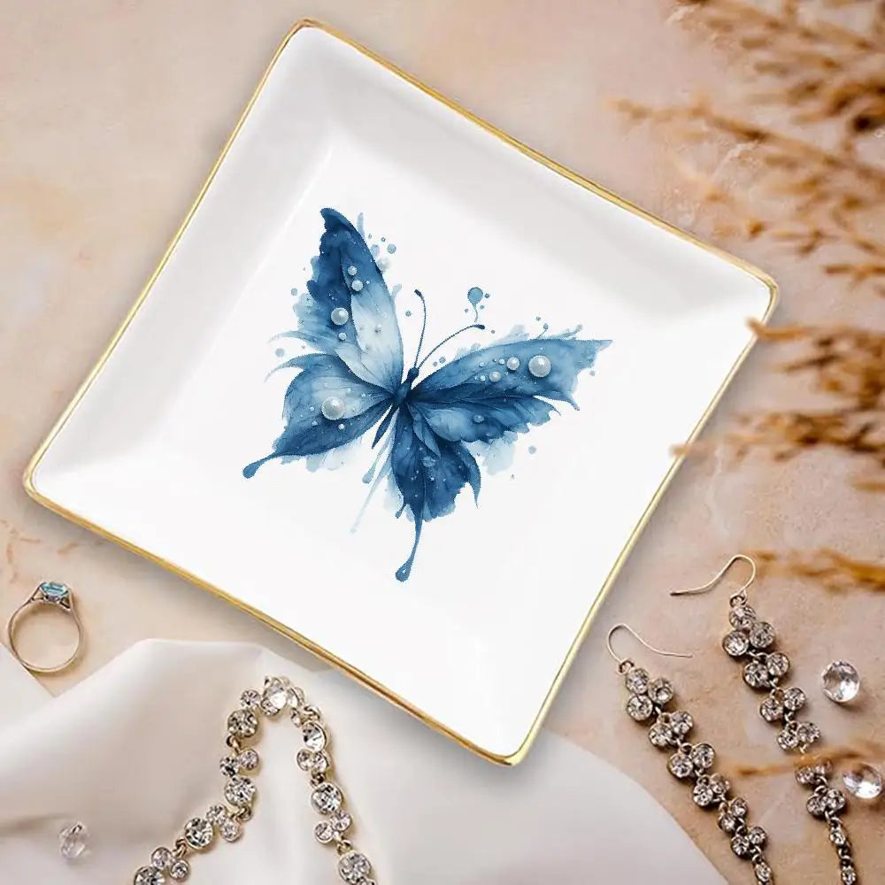 Butterfly Pearl Decorative Ceramic Jewelry Tray Home Decor Jewelry Organizer Catch All Tray Small Trinket Dish Bedroom Dresser