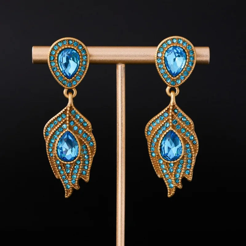Blue Rhinestones Earrings for Women Exquisite Light Luxury Fashion Jewelry Feather-shaped Vintage Palace Style Aretes De Mujer