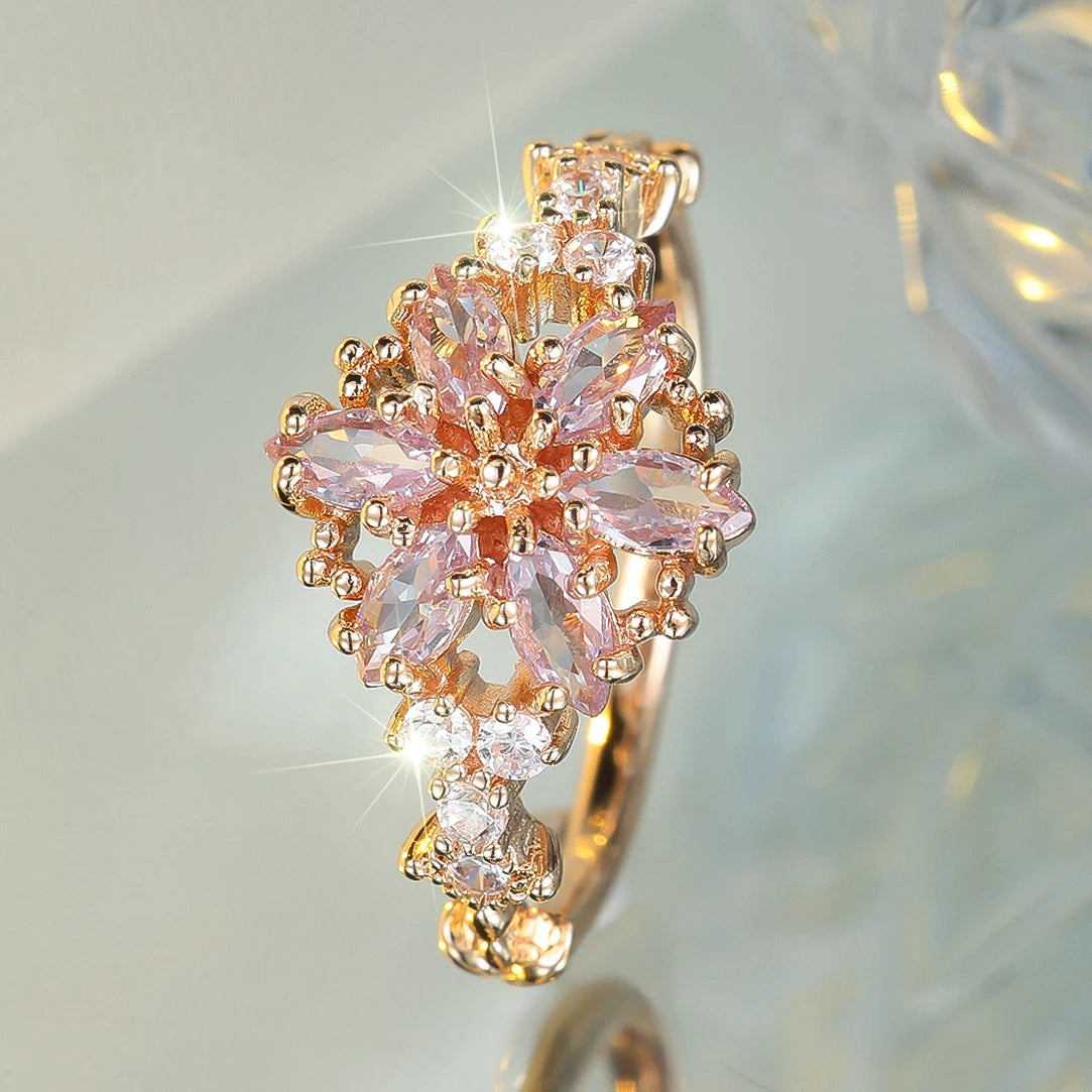 Cute Female Zircon Stone Flower Ring Gold Color Engagement Charm Wedding Jewelry For Women