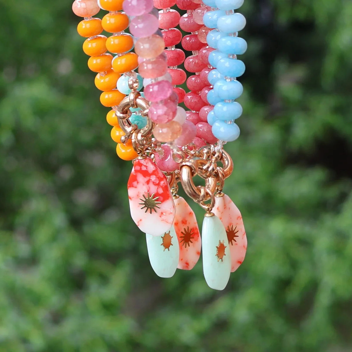 Colorful Natural Stone Beaded Pendant Necklace with Gold Color Star Boho Handmade Beads Choker Summer Beach Vacation Jewelry
