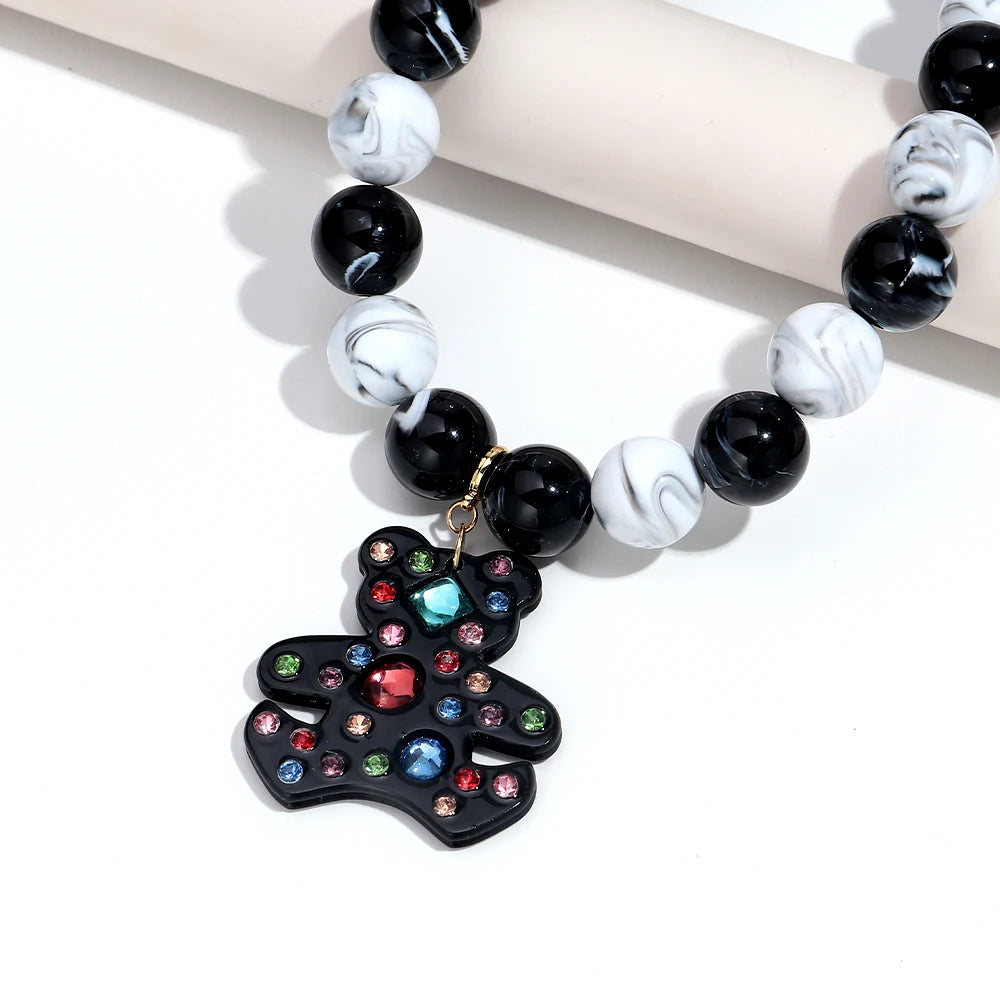 Fashion Acrylic Big Round Beads Bear Pendant Necklace for Women Colorful Geometric Beaded Choker Necklace Party Jewelry Gift