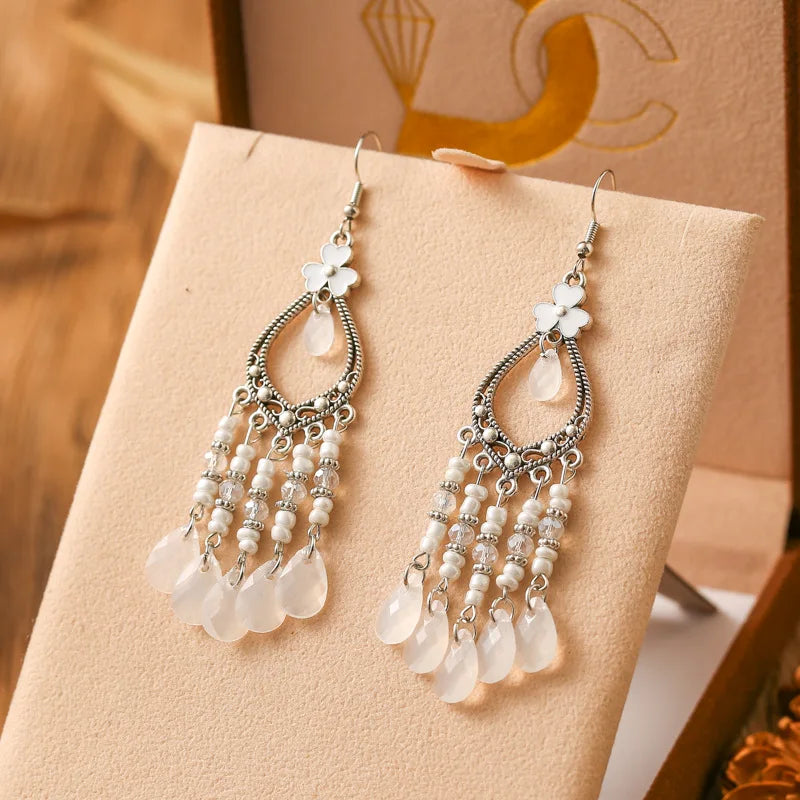 New Bohemian Long Rice Bead Water Drop Earrings for Women Ethnic Retro Drop Oil Hollow Dangle Earrings Vacation Party Jewelry