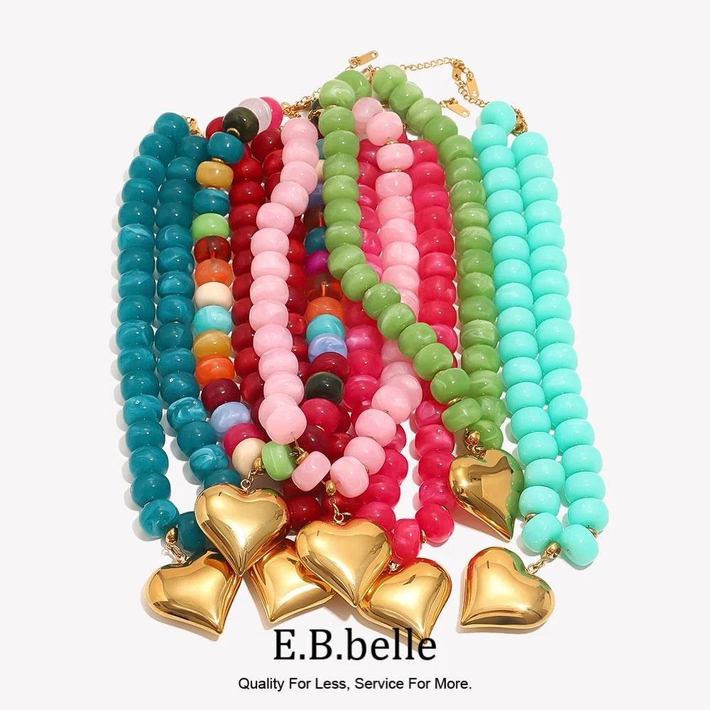 E.B.belle Candy Color Bead Heart Charm Necklaces Colorful Dopamine Resin Chain Necklace Tarnish Y2K Fashion Women Jewelry