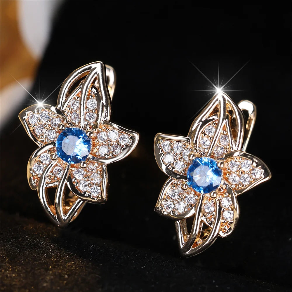 Cute Water Blue Red Zircon Hoop Earrings Female Luxury Crystal Rose Gold Color Wedding Jewelry For Women
