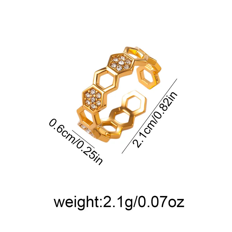 ANENJERY 316L Stainless Steel Hollow Round Hexagon Zircon Open Ring For Women Simple Luxury Temperament Jewelry Gifts