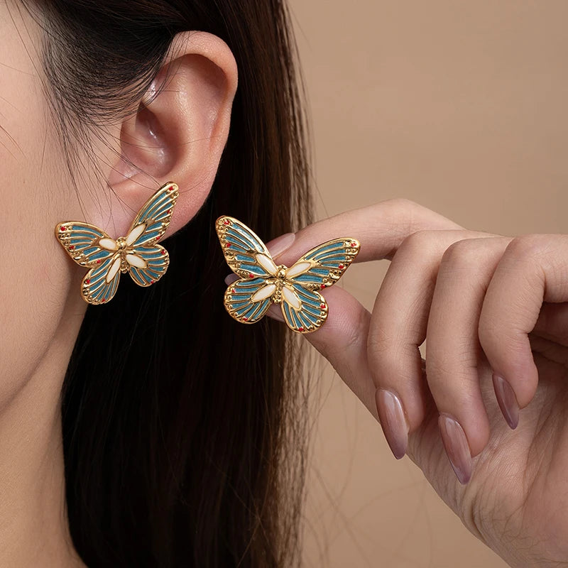 ANENJERY 316L Stainless Steel White Shell Butterfly Stud Earrings For Women Vintage French Delicate Lady Jewelry Gifts Wholesale