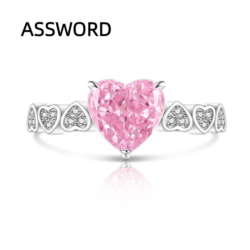 925 Sterling Silver Heart Cut Birthstone Ring for Women Multi Heart Pave CZ Band Solitaire Wedding Band Romantic Jewelry Gift