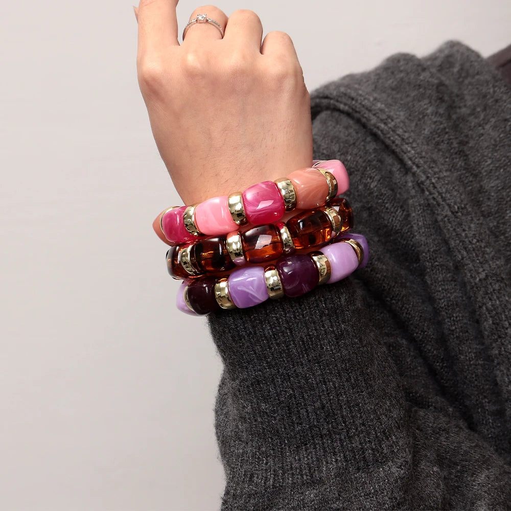Trendy Acrylic Colorful Square Beads Elastic Bracelets Elegant Resin Geometric Stackable Bangles Bracelet Women's Jewelry Gifts