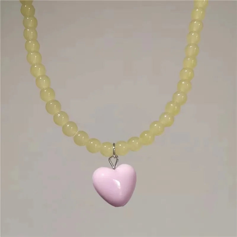 Kpop Resin Candy Color Heart Pendant Glass Beaded Short Choker Collar Neck Necklace Aesthetic Charm Jewelry Y2K Accessories