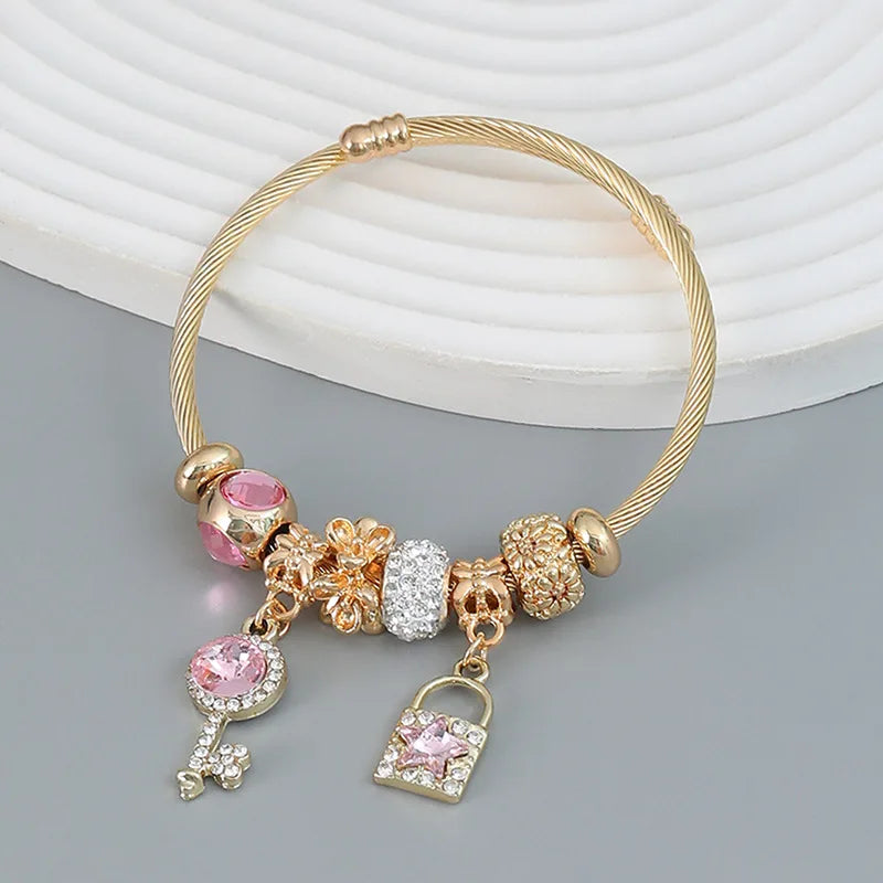 Fashion Multi Element Stainless Steel Circle Panjiadora Beaded Love Bracelet Suitable for Women's Dating, Daily Holiday Gifts