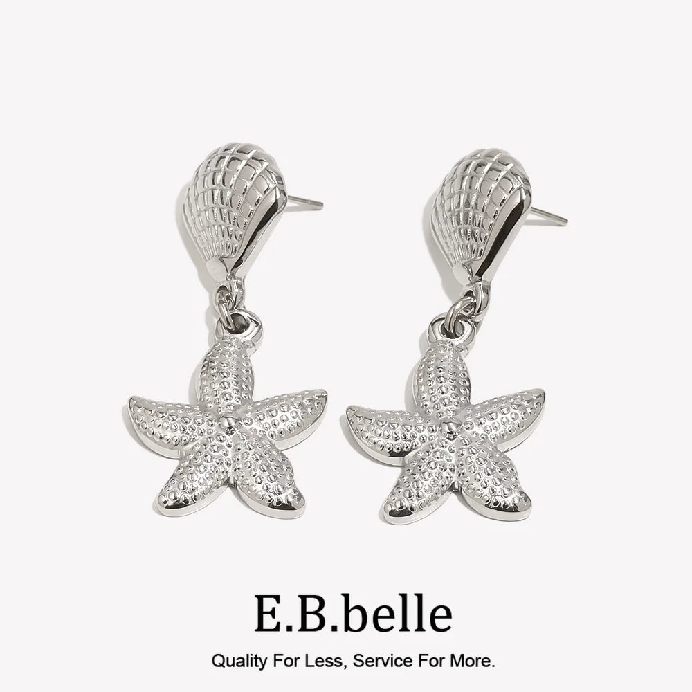 E.B.belle Scallop and Starfish Splicing Earrings 316L Stainless Steel Women's Earrings 18K Gold Plated Decoration