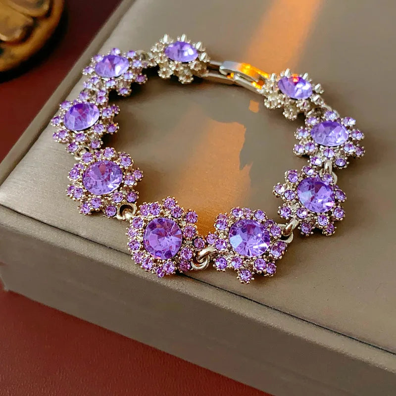 Vintage Amethyst Round Flower Cluster Necklace Bracelet Earring Jewelry Set Antique Silver Luxury Women Bridal Wedding Jewelry N