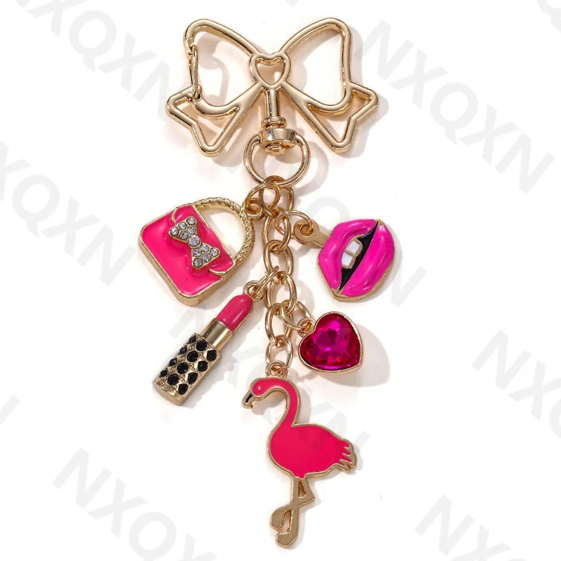 Cartoon Flamingo Lips High Heels Heart Keychain Pretty Handbag Enamel Key Ring For Friends Women Girl Festival Gifts DIY Jewelry