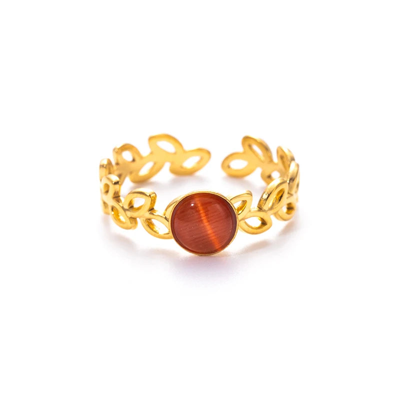 ANENJERY 316L Stainless Steel Hollow Leaf Colorful Stone Open Ring for Women Men Simple Jewelry Gifts Daily Wholesale