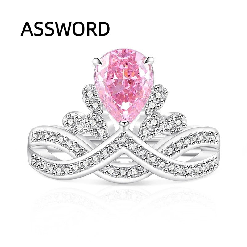 925 Sterling Silver Crown Teardrop Ice Flower Cut Cubic Zirconia Ring Twisted Split Shank Wedding Jewelry Gift for Women