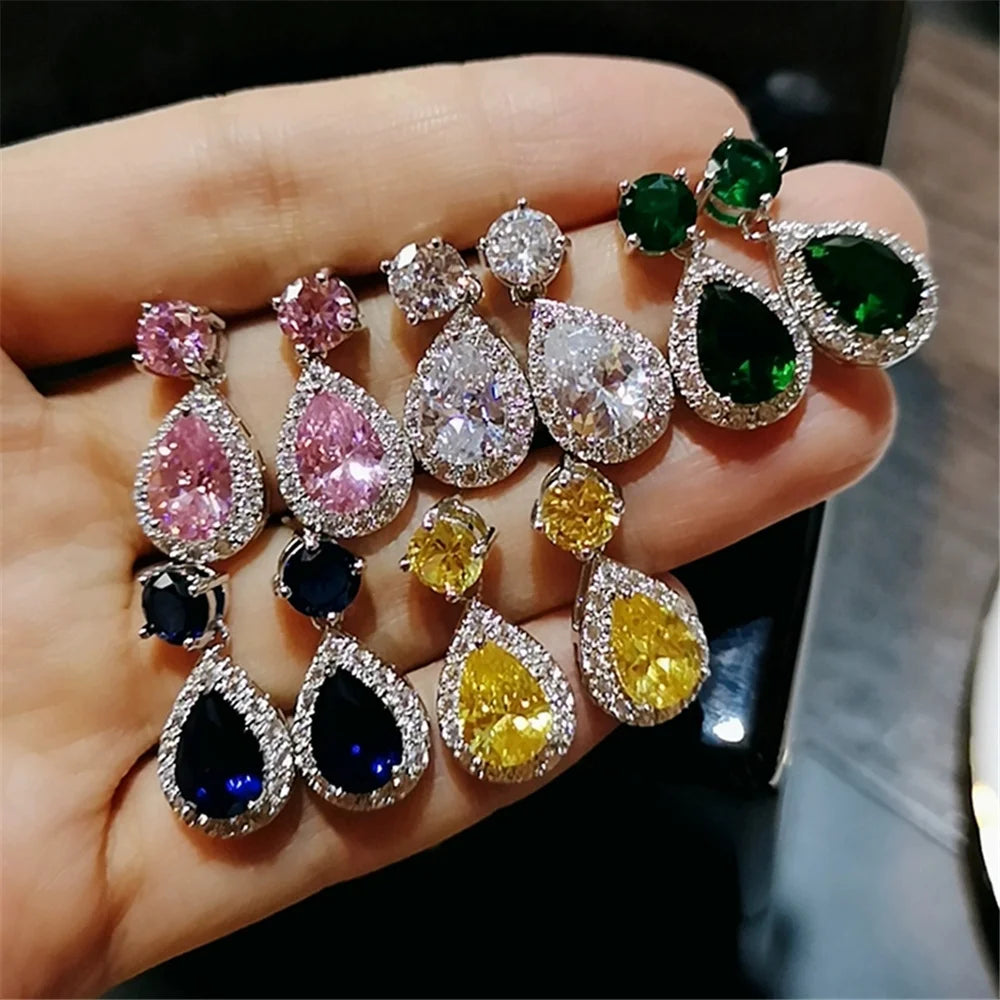 Luxury Female Blue Yellow White Zircon Stone Drop Dangle Earrings Cute Silver Color Party Jewelry For Women