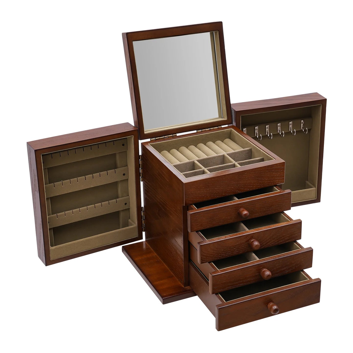 Jewelry Boxes, 5 Layer Jewelry Box, Dark Brown Storage Box, Built-in Mirror, Compact Size 11.81x7.87x9.84 Inch, Space Saving Desktop Organizer for Earrings Necklaces