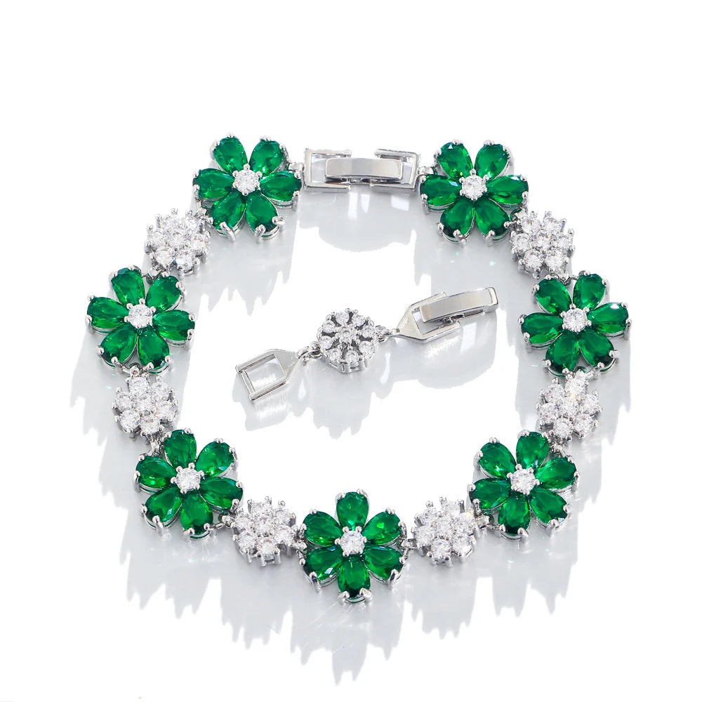 ThreeGraces High Quality Green Cubic Zirconia Gold Color Flower Link Chain Bracelet for Women Fashion Dubai Party Jewelry BR294