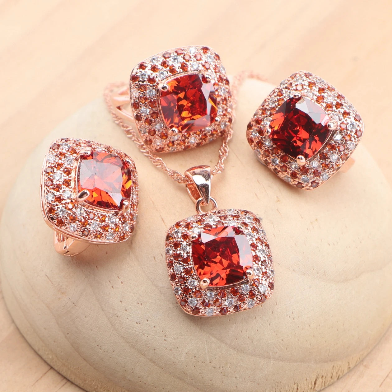 Bridal Jewelry Sets 925 Sterling Silver Rose Gold Color Red Zircon For Women Earrings Rings Pendant Wedding Necklace Set