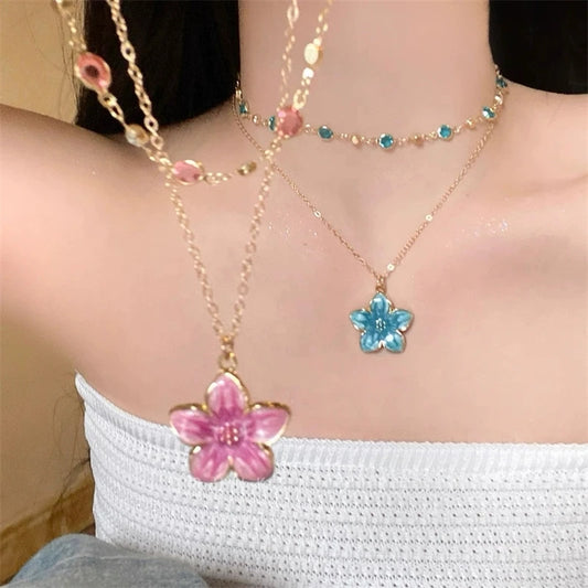 2Pcs/Set Pink Flower Pendant Crystal Gold Color Chain Stacking Choker Clavicle Chains Necklace Sets For Women Charm Neck Jewelry