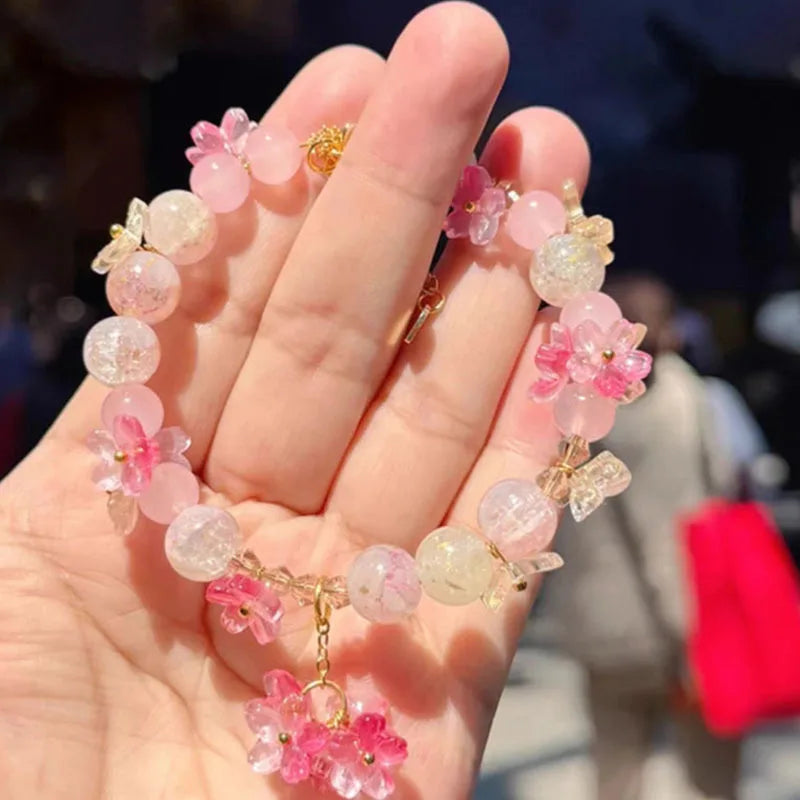 Pink Plum Cherry Blossom Crystal Butterfly Flower Berry Bracelet Women and Girls Sweet Delicat Jewelry Gifts