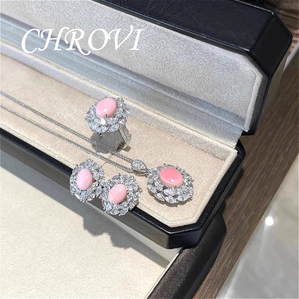 Premium 925 pure silver rouge powder conch shell necklace set, luxury earrings, high-carat diamond ring, women's accessory