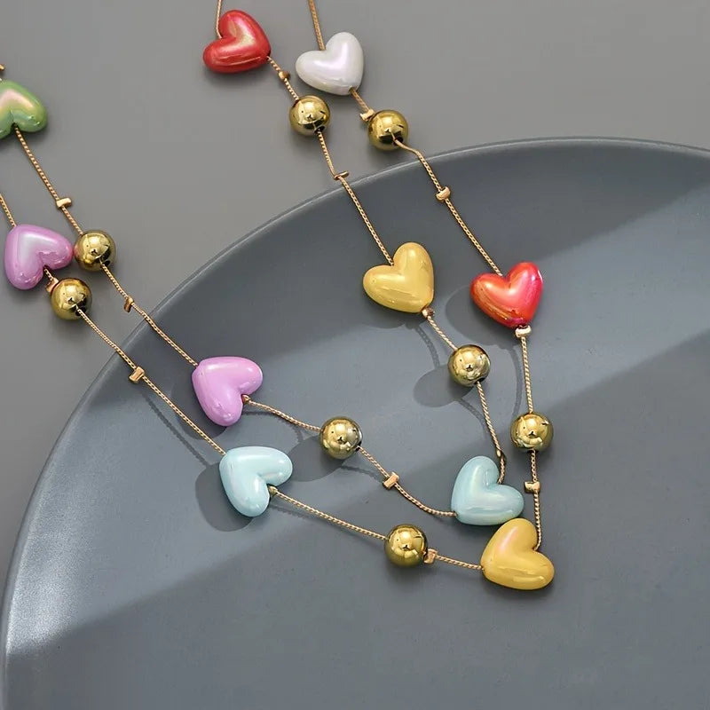 Bohemian Long Multilayer Heart Necklace for Women Colorful Candy Like Hearts with Golden Accents