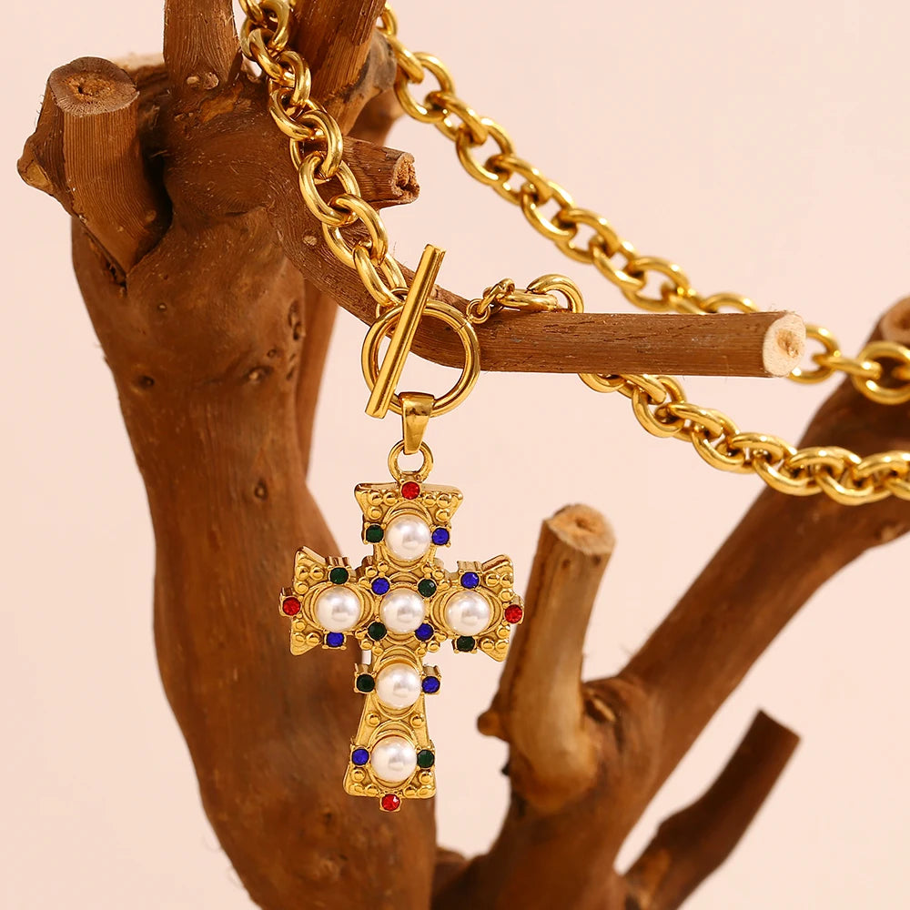E.B.belle Vintage Style OT Buckle Blue Rhinestone Pearl Cross Pendant Necklace 18K Gold Plated Stainless Steel Neck Jewelry