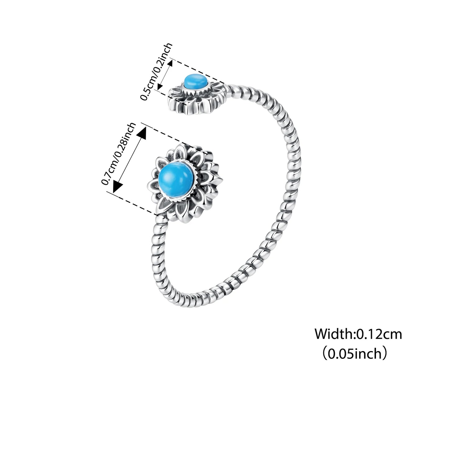 Bamoer 925 Sterling Silver Sunflower Turquoise Open Ring Adjustable Retro Oxidized Ring for Mother Birthday Gift Fine Jewelry