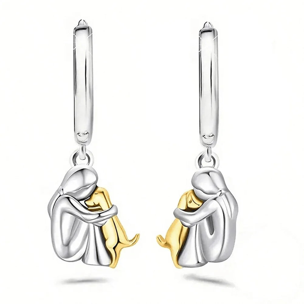 Fashion Two Tone Little Girl and Dog Earrings For Women Dog Mom Earrings Animal Puppy Jewelry