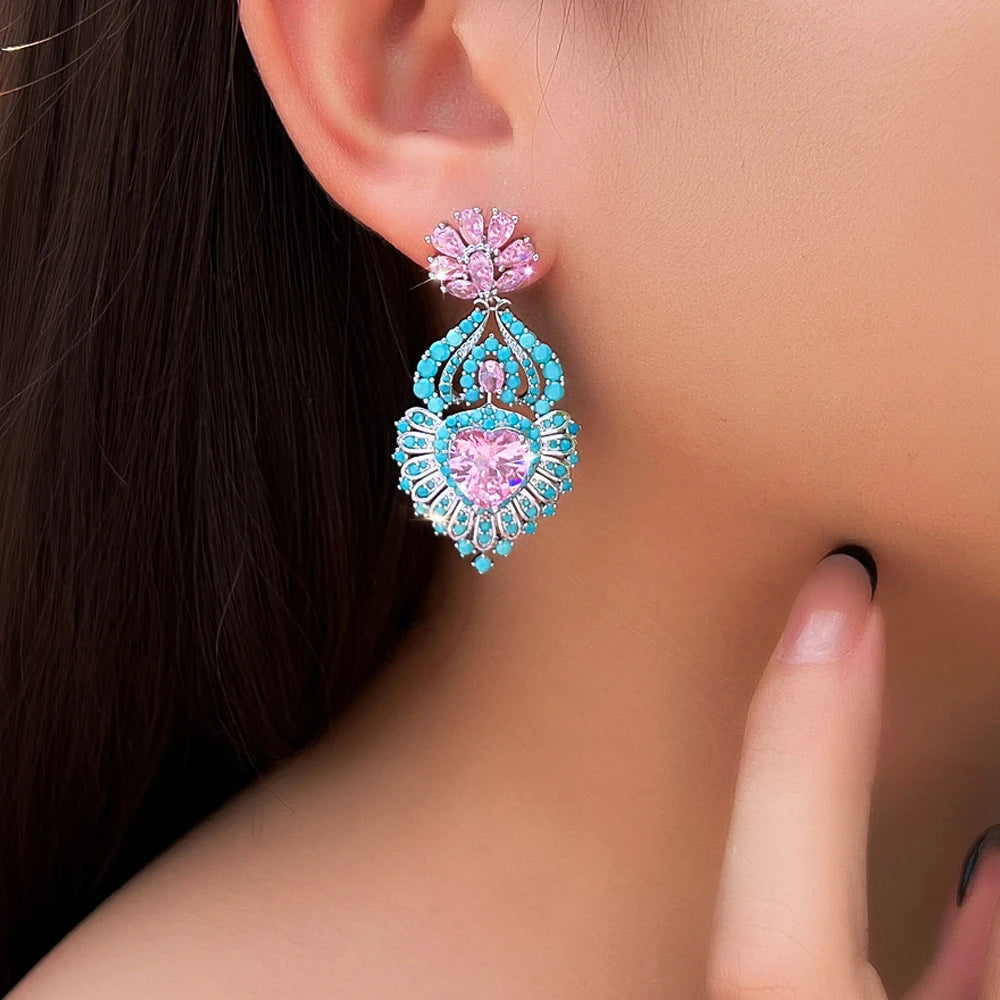 ThreeGraces Luxury Shiny Pink Heart Zirconia and Synthetic Turquoise Women Long Big Bridal Wedding Party Earrings Jewelry E2052