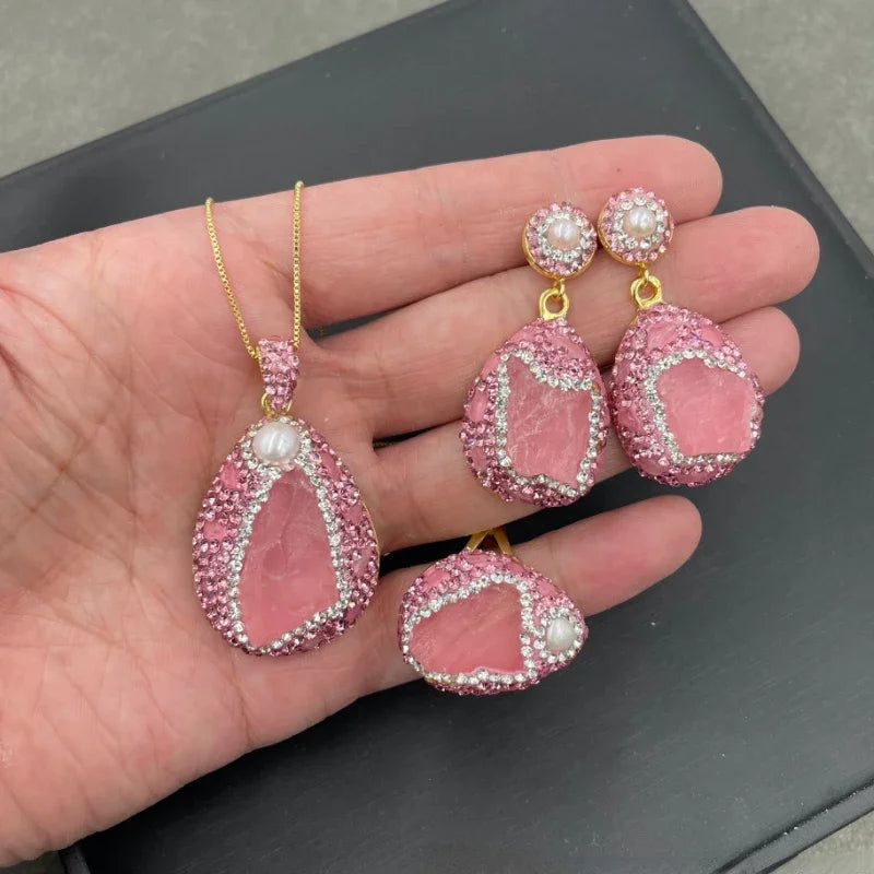 New Natural Gemstone Powder Crystal Original Stone Set for Women Rose Quartz Adjustable Ring Earrings Pendant Necklace 3 in 1
